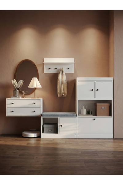 FOR WOMAN DESİGN Ahşap Antre Portmanto Seti 4 Çekmeceli Modern Beyaz Akıllı D...