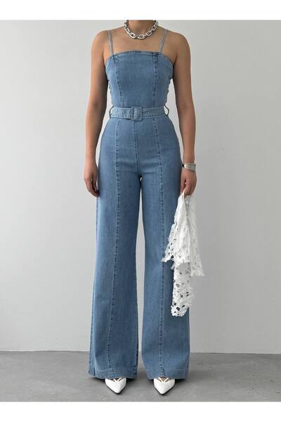 LOKADI Kadın Mavi Yüksek Bel Geniş Paça Jean Tulum - İnce Askılı Kot Jumpsuit