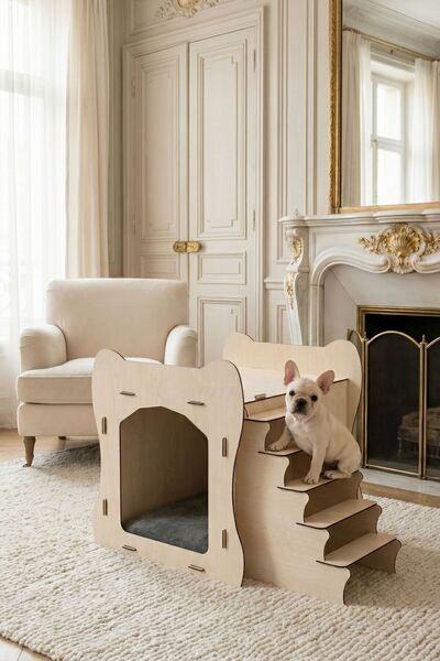 Evene Ahşap Köpek Kulübesi Dekoratif Köpek Evi Açık Meşe Renk Merdivenli Model