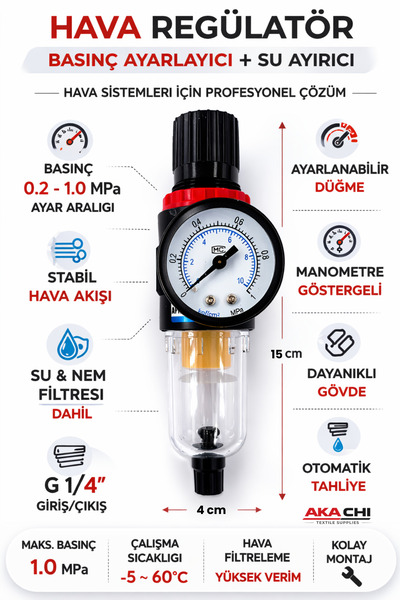 AKA CHI AFR2000 Kompresör Hava Filtre Regülatörü Su Ayırıcı Şartlandırıcı Bas...