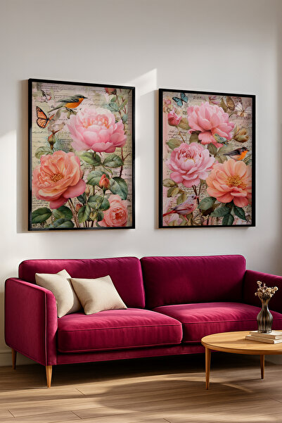 STARYUNA Black Wooden Framed Flower and Bird Themed Double Painting Set Yuna588