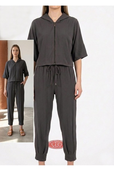 MONAMORE Women's Brown New Modal Front Zipper Hooded Jacket and Pleated Waist...