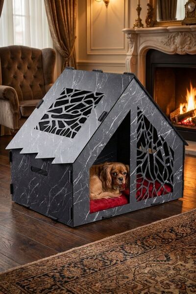 Evene Ahşap Köpek Kulübesi Dekoratif Köpek Evi Siyah Mermer Renk Seperatör Model