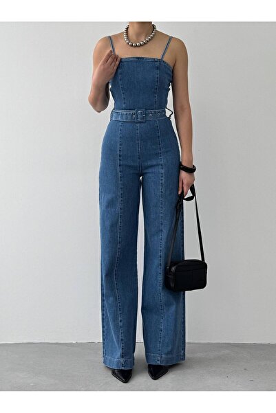 LOKADI Kadın Mavi Yüksek Bel Geniş Paça Jean Tulum - İnce Askılı Kot Jumpsuit