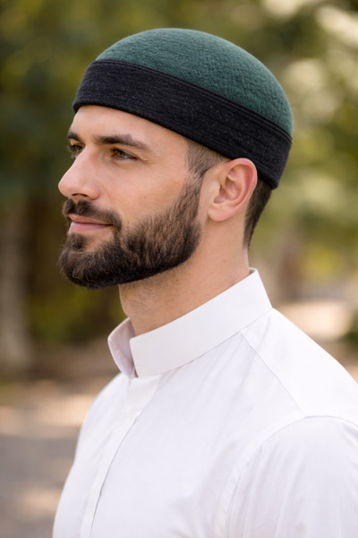 FEZKON طاقية من الصوف الزيتي باللون الأخضر الزمردي والأسود