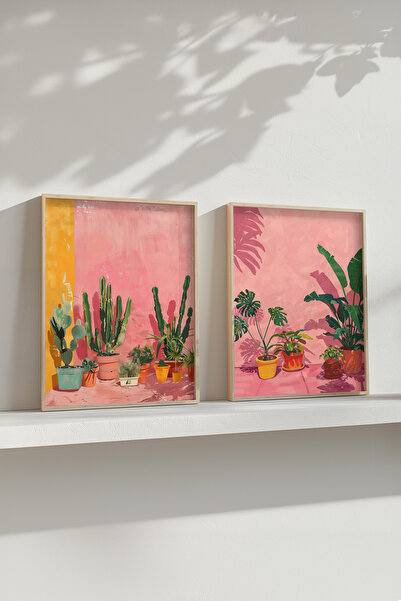 STARYUNA Wooden Framed Cactus and Tropical Plant Themed Double Painting Set Y...