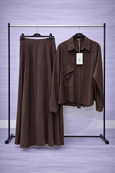 Ceremony Kahverengi Taş Detaylı Gömlek Etek İkili Takım