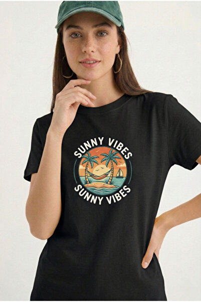 BUWOM Γυναικείο μπλουζάκι Summer Vibes με στάμπα και λαιμόκοψη ποδηλάτου