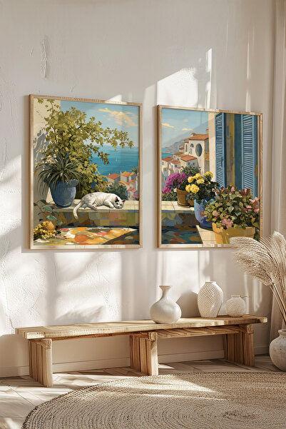 STARYUNA Wooden Framed Mediterranean Balcony and Sea View Double Painting Set...