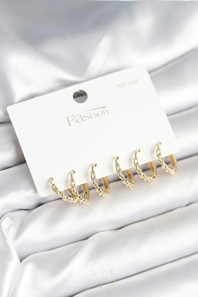 shopwave Gold Renk Burgu Halka Model 925 Ayar Gümüş Çivili Pirinç Küpe Seti