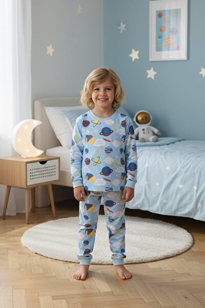 Rubeto Kids طقم بيجامة للأولاد من عمر 3-13 سنة، طراز Planet منقوش بأكمام طويل...