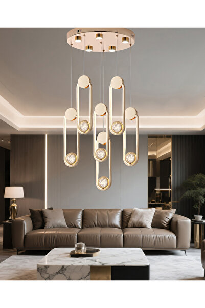 Apliqa Beckett 6'Lı Kristal Top Başlıklı Gold Sarkıt Led Avize