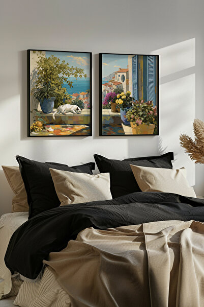 STARYUNA Black Wooden Framed Mediterranean Balcony and Sea View Double Painti...