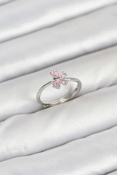 shopwave خاتم نسائي من النحاس الفضي اللون الوردي على شكل فراشة