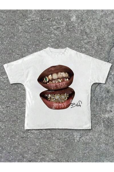 Violon تي شيرت أبيض للجنسين من Be Real No Cap Two Lips مطبوع