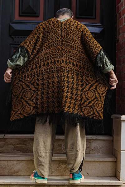 Oiki bohem desenli buklet triko unisex kahverengi siyah panço hırka