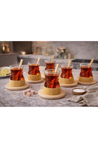 morponi طقم من بامبو أكواب شاي زجاجية من البوروسيليكات مع صحون وملاعق