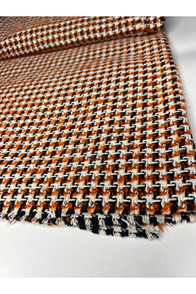 ELNA KUMAŞ Siyah & Ekru Turuncu Kazayağı Desenli Tüvit Kumaş – Tok Dokulu, Şı...