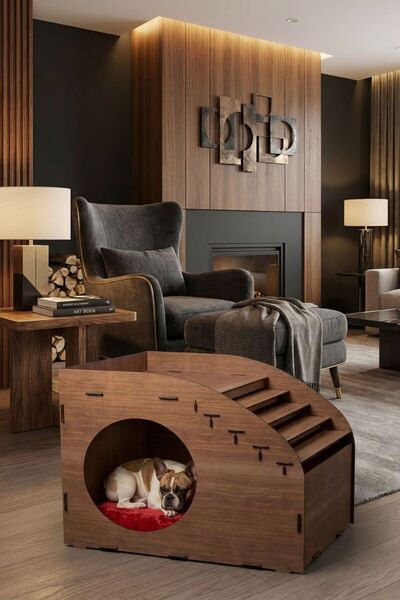 Evene Ahşap Köpek Kulübesi Dekoratif Köpek Evi Ceviz Renk Merdiven Oval Model