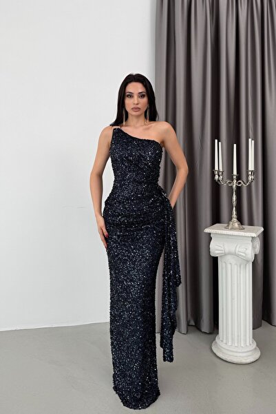 Serica Moda Navy Blue One Shoulder Buckle Detail Sequin Evening Dress