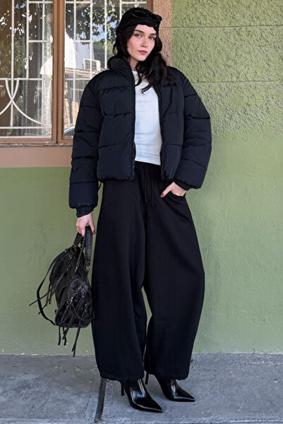 Madmext Black Stoppered Barrel Fit Brushed Inside Women's Sweatpants Mg2687