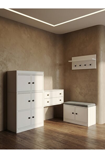 FOR WOMAN DESİGN Ahşap Antre Portmanto Seti 2 Çekmeceli Modern Beyaz Akıllı D...