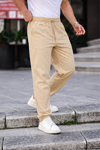 COMBİNE MİCHAİL بنطلون صيفي مريح للرجال بلون كريمي كتان