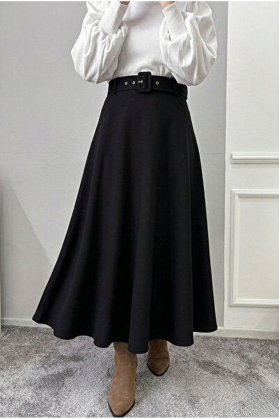 Lunsera Store Belted Flared Skirt-Black