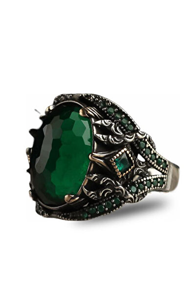 Mirari Jewelry Yeşil Zirkon Taşlı İşlemeli Erkek Yüzük | Premium 0,40 Mikron ...