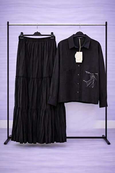 Ceremony Siyah Nakış Detaylı Gömlek Etek İkili Takım