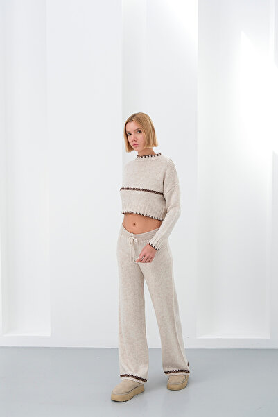 Sea Style "Women's Beige Short Sweater Knitwear Double Set Wide-Leg Pants"
