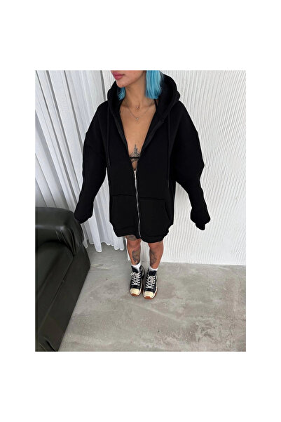 Narnuga Oversize Full Zip Long Sleeve Cardigan - Black -