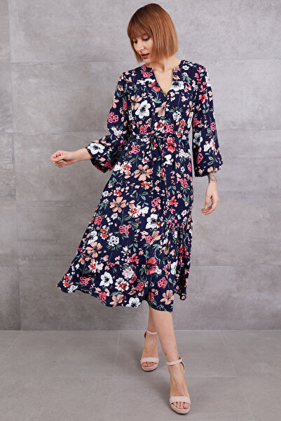 zenne Floral Print buy Tie-Detail dress dark navy blue