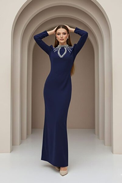 hakimoda Billur Adriana Crepe Evening Dress Navy Blue