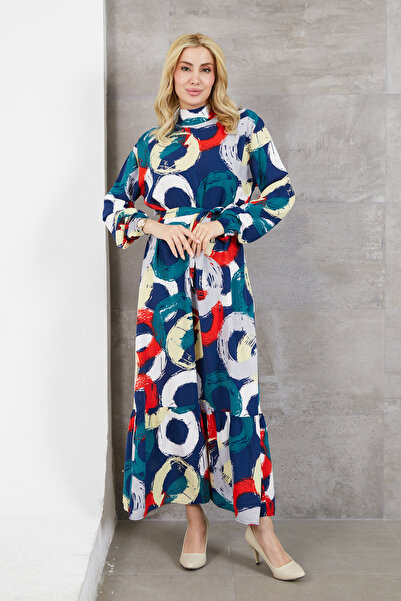 zenne Daire Patterned Belted Maxi Dress Navy Blue