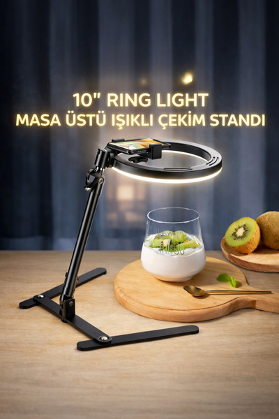Coverzone Masaüstü Çekim Standı, Ürün Video ve Fotoğraf Çekimi 10" Ring Light Tripod Selfie Işığı Mutfak Yemek Çekimi | CZ-035-1