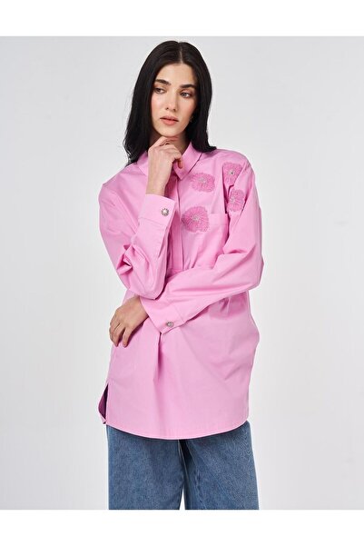 Kayra Aplike Detaylı Pamuklu Tunik-PEMBE - 42
