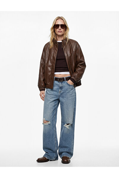 Koton Cepli Uzun Kollu Fermuarlı Dik Yaka Oversize Suni Deri Ceket