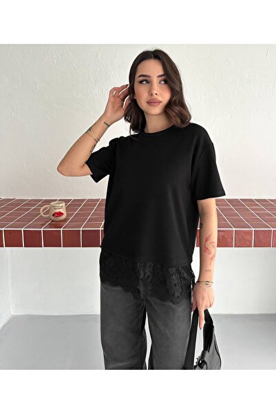 Noa&Noa Βασικό T-Shirt με λεπτομέρεια στη φούστα Δαντέλα