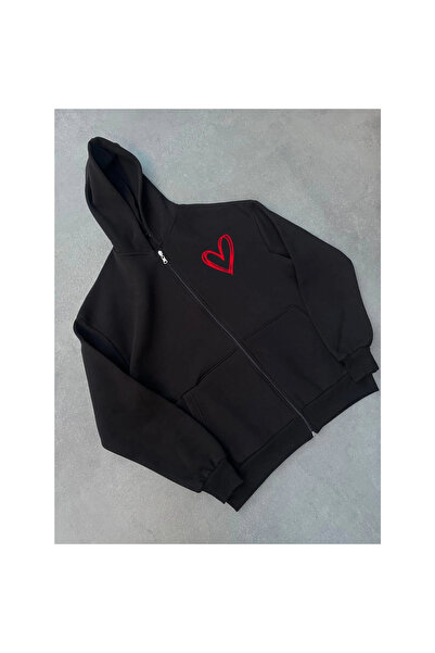 Narnuga Three Thread Printed Zippered Hooded Cardigan - Black -