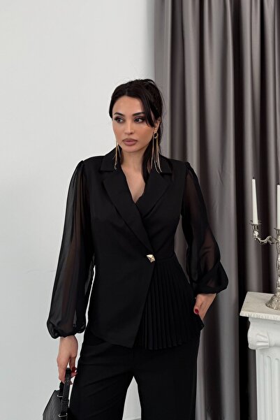 Serica Moda Μαύρη μπλούζα με Τούλι μανίκια, πιέτες και γιακά διπλό πέτο