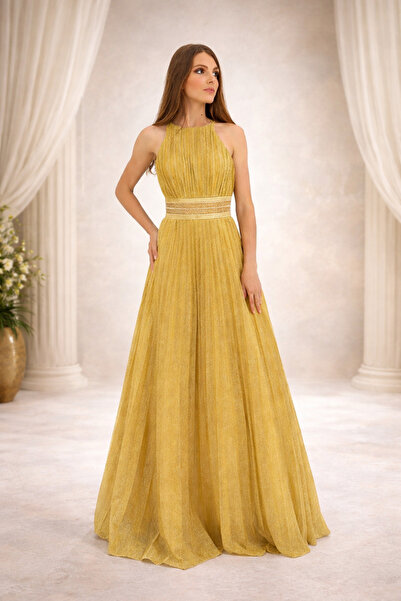 Diva Exclusive Fashion Rochie de gală aurie plisată – model elegant cu talie ...