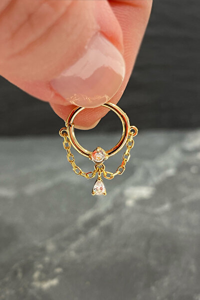 La femme by begum Tektaş İki Boğum Zincir Damla Sallantılı Gold Gümüş Halka P...