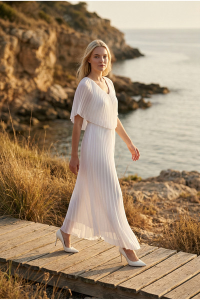 Romina SOLENA Uzun Pileli Şifon V Yaka Pelerin Detaylı Davet Abiye Elbise