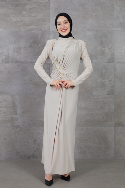 zenne Drapeli Button Detailed Dress Beige