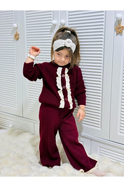 RÜYA KİDS Eid girl's guipure detailed knit burgundy bottom top set