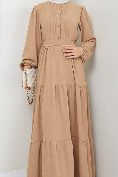 zenne Belted Belted Button Detailed Hijab Dress in Milk Coffee Color
