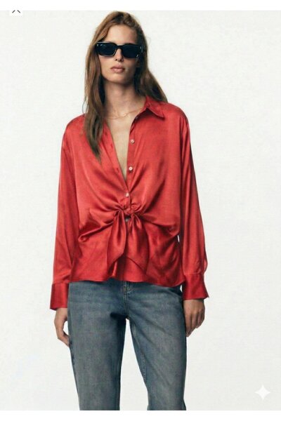 ribana Γυναικείο πουκάμισο από σατέν ύφασμα με κουμπιά και λεπτομέρεια δεσίμα...