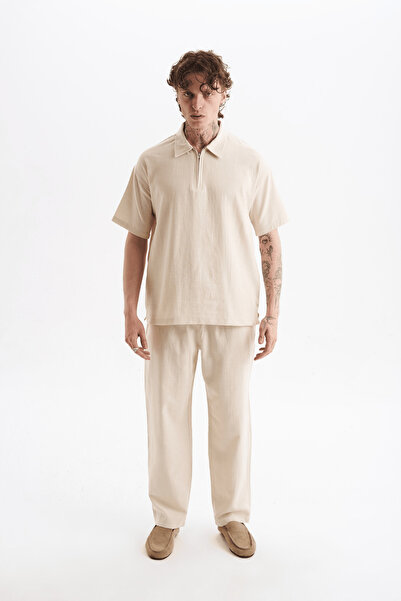 Danger Men's 100% Cotton Piece Linen Look Pants T-Shirt Set Beige