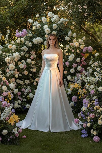 GÖKŞİN MODA Kırık Beyaz Drapeli Saten Gelinlik